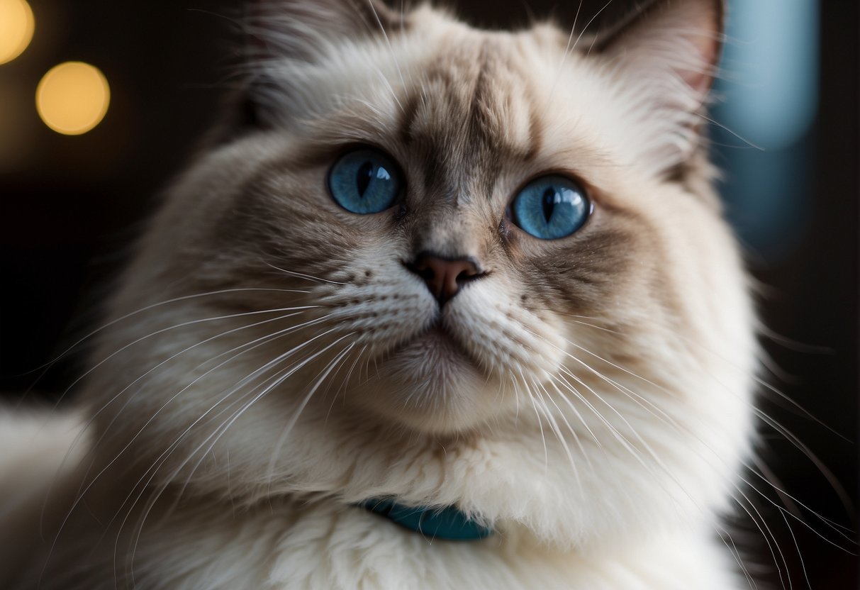 A ragdoll cat meows loudly, tilting its head and gazing up with big blue eyes