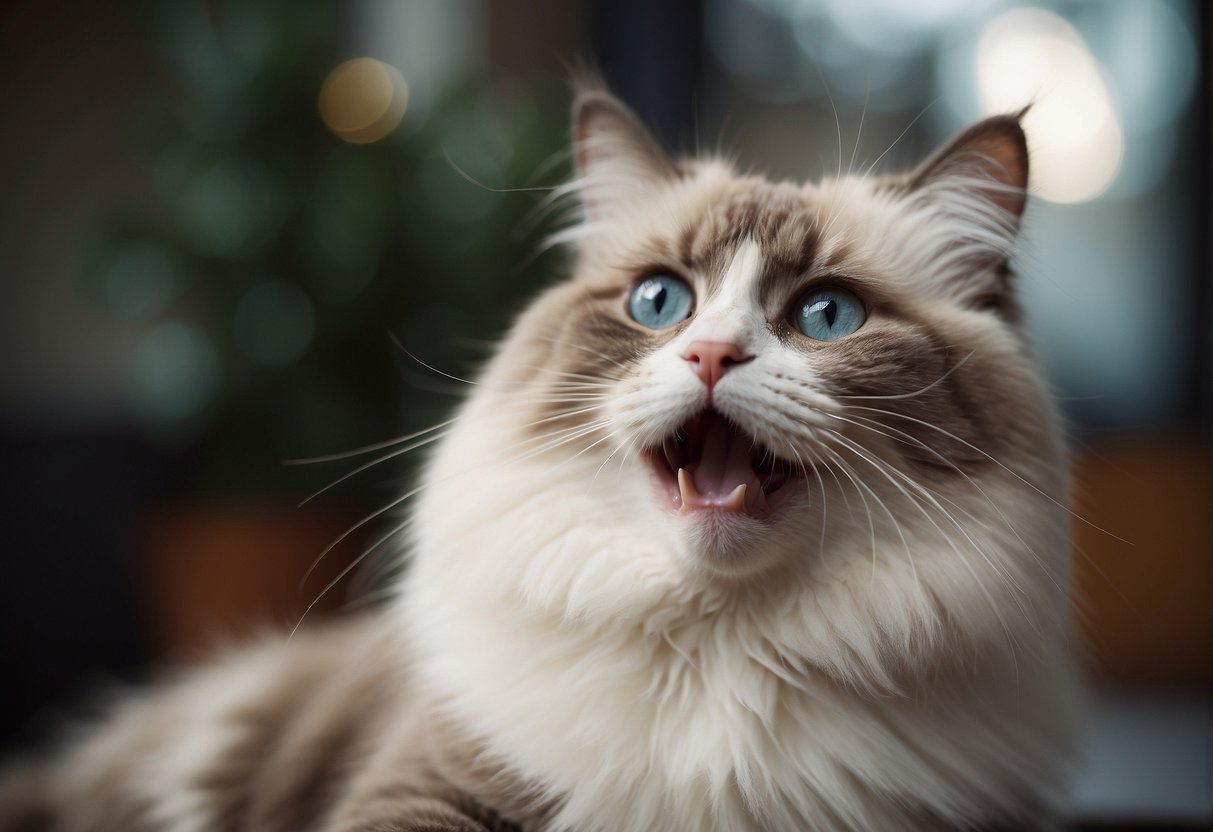 A ragdoll cat meows while looking up at its owner, who is smiling down at it