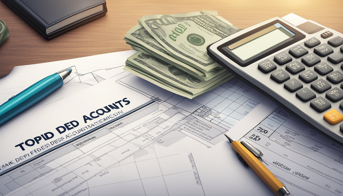 A stack of money sits on a table next to a bank statement, with a calculator and pen nearby. The words "Top Fixed Deposit Accounts" are displayed prominently