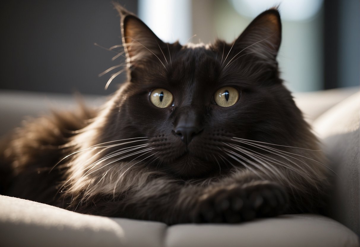 A black ragdoll cat lounges on a soft cushion, its long fur flowing gracefully as it gazes calmly at the viewer