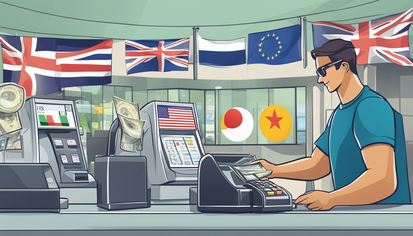 A person swiping a credit card at a foreign currency exchange counter, with various international flags in the background and a sign promoting rewards and benefits for overseas spending
