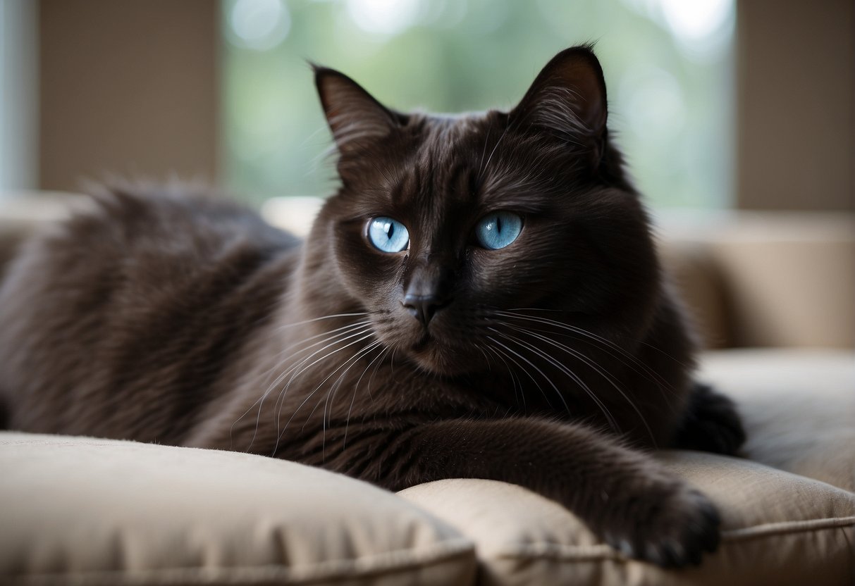 A sleek black Ragdoll cat lounges gracefully on a soft cushion, its piercing blue eyes gazing off into the distance