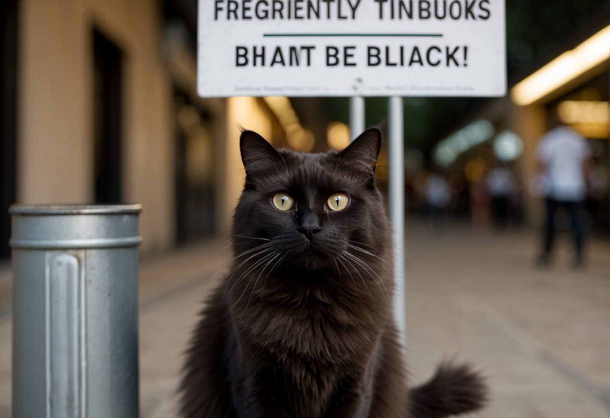 A black ragdoll cat sits next to a sign that reads "Frequently Asked Questions: Can ragdoll cats be black?" with a curious expression on its face