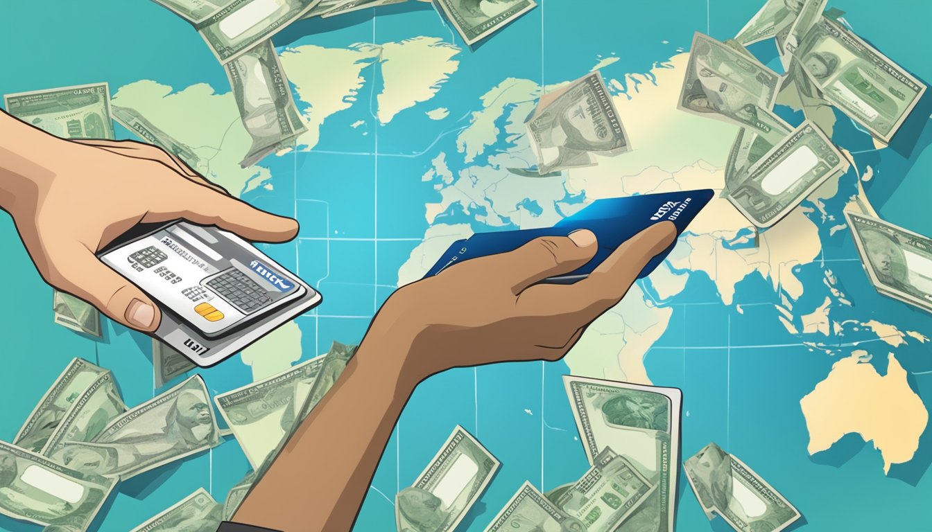 A hand reaches for a credit card among a variety of foreign currency cards, with a world map in the background