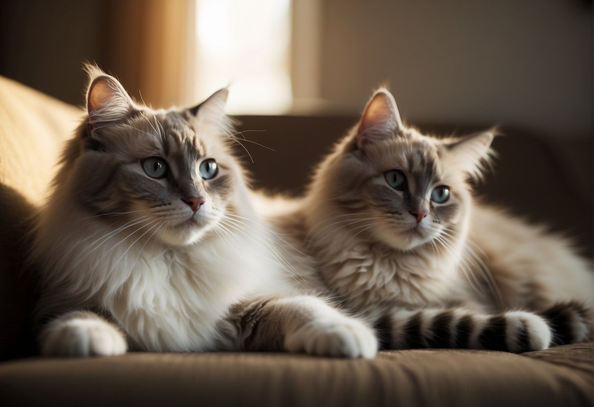 Ragdolls interact peacefully with other cats, grooming and playing together in a cozy, sunlit room with comfy furniture and toys