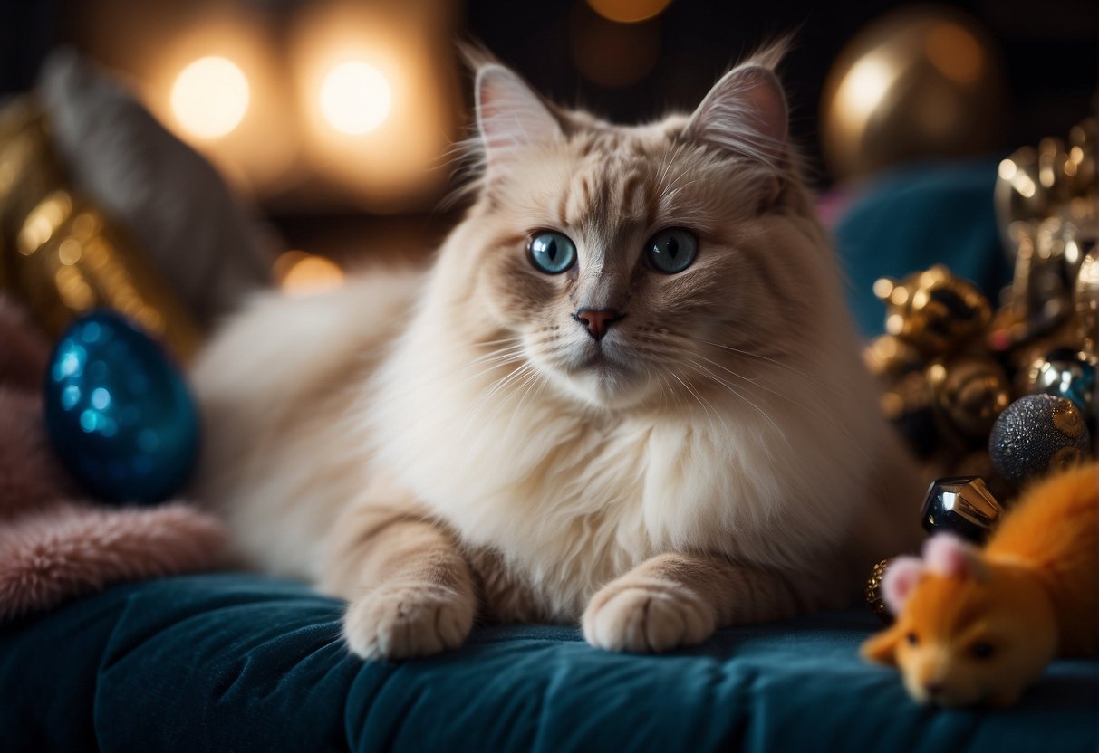 A ragdoll cat sits on a velvet cushion, surrounded by luxurious toys and a price tag indicating its cost