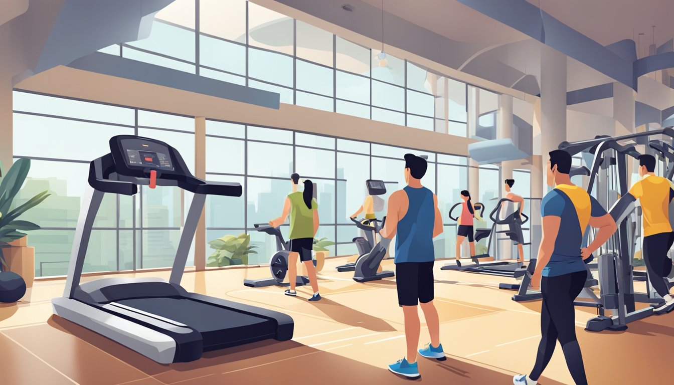 People exploring modern gym equipment in a spacious, well-lit gym in Singapore