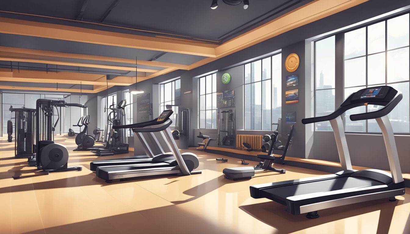 A modern gym with state-of-the-art equipment and spacious workout areas. Brightly lit with motivational posters on the walls