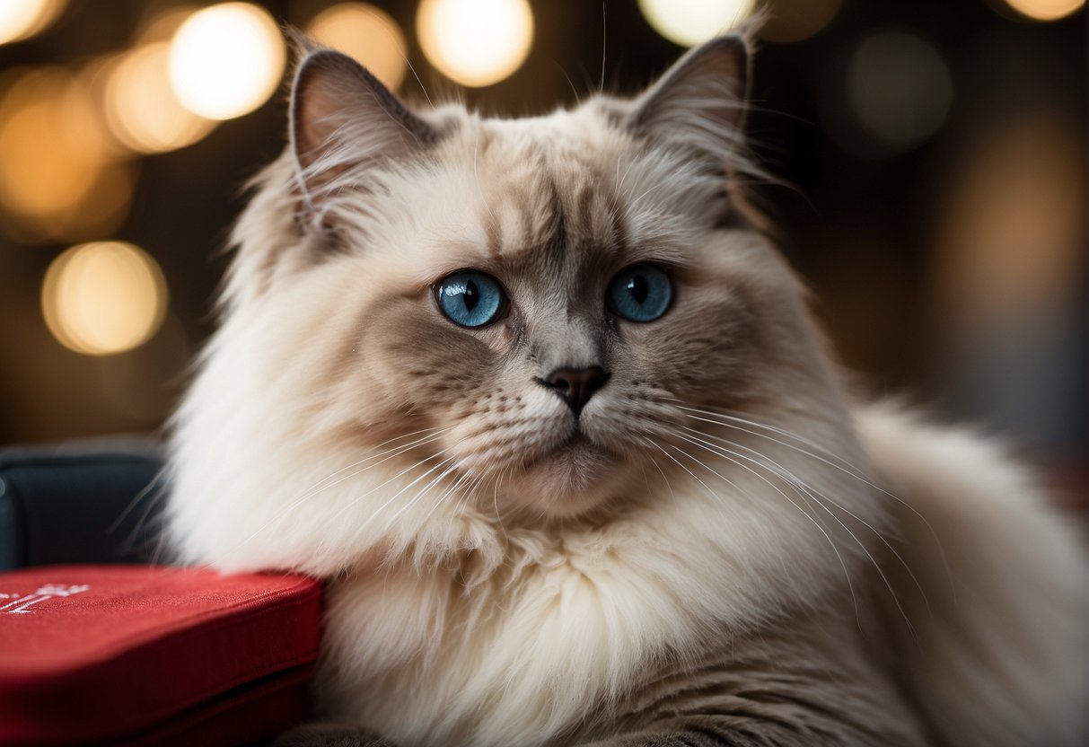 A ragdoll cat sitting in front of a price tag with the text "Frequently Asked Questions: How much does a ragdoll cat cost?" displayed prominently