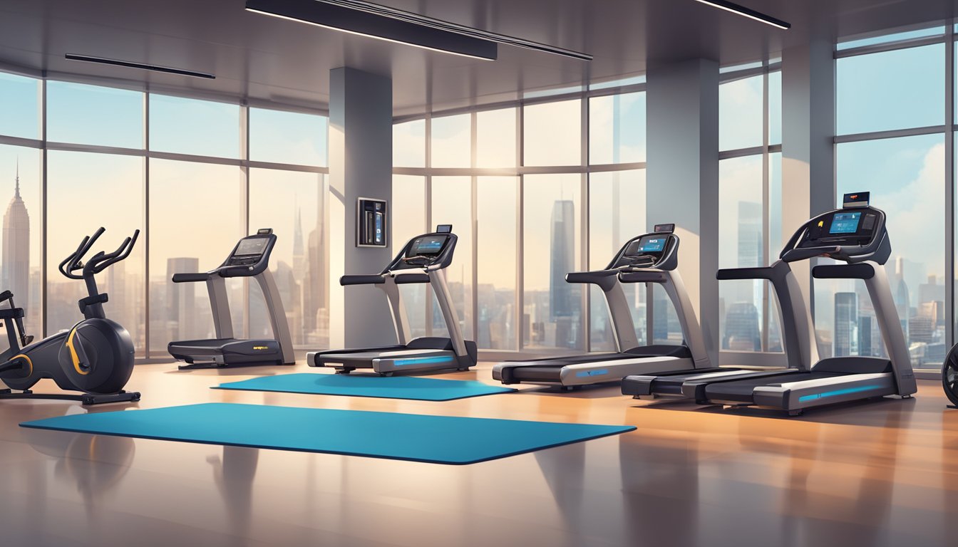 A spacious, modern gym with high-tech equipment, sleek design, and panoramic views of the city skyline