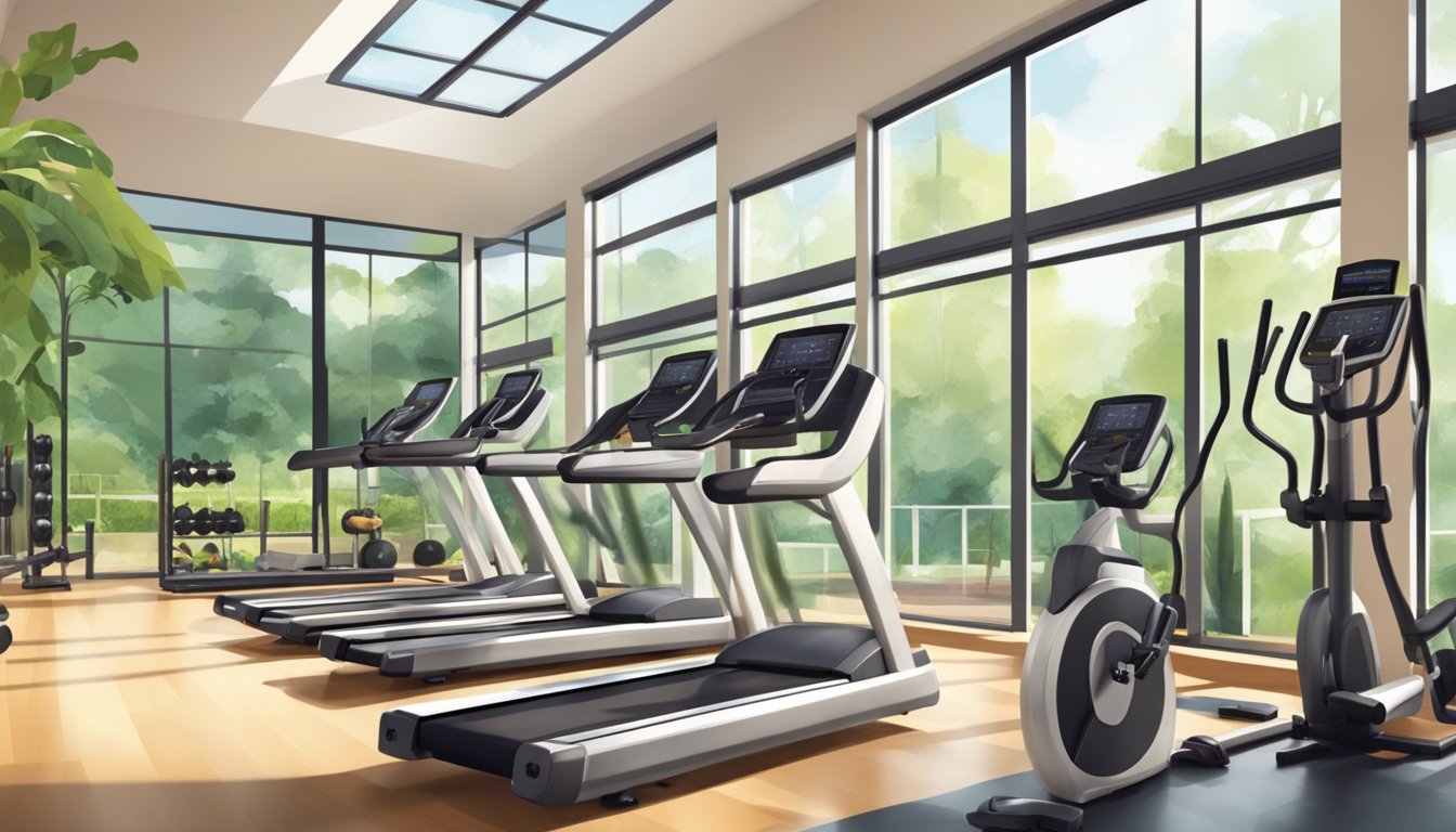 A spacious, well-lit gym with state-of-the-art equipment and a serene ambiance, surrounded by lush greenery and natural light
