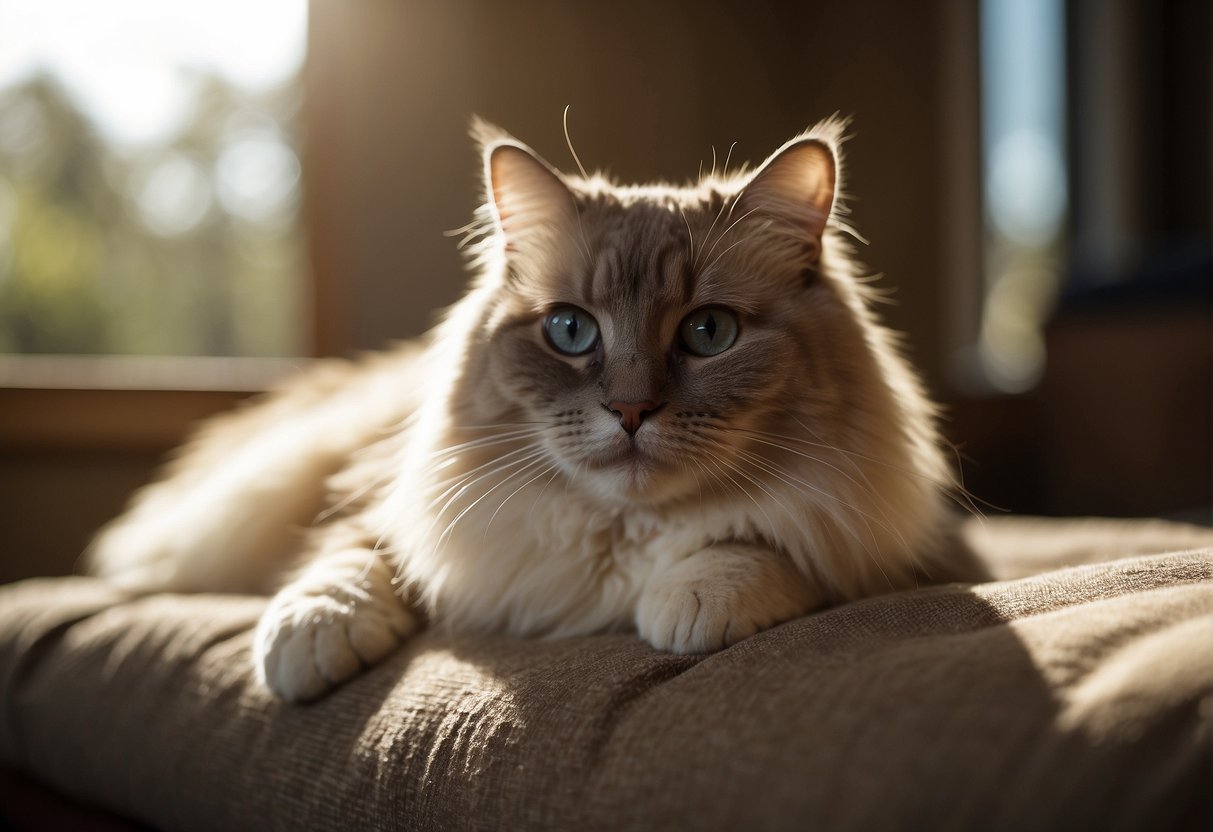 A ragdoll cat lounges in a sunbeam, its long, limp body draped over a cozy cushion with a serene expression on its face