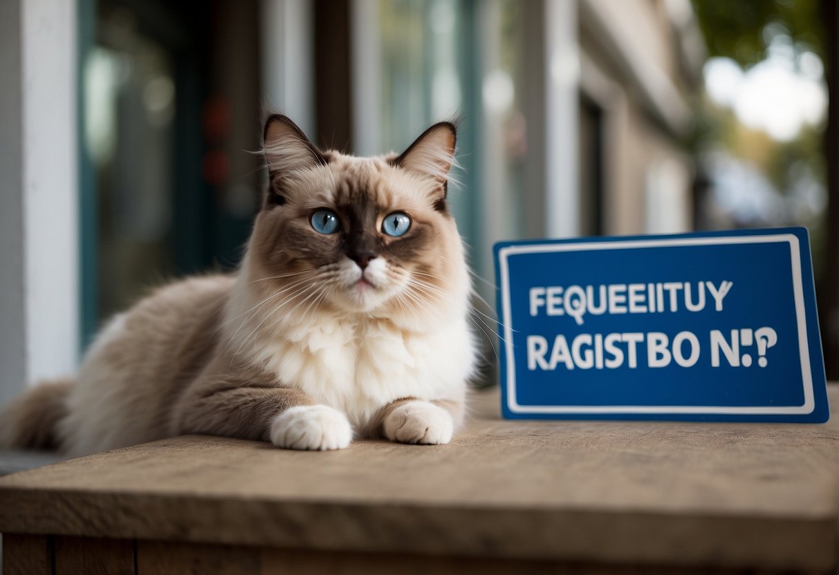 A curious ragdoll cat with big blue eyes sits next to a sign that reads "Frequently Asked Questions: What is Ragdolls' Quirk?"