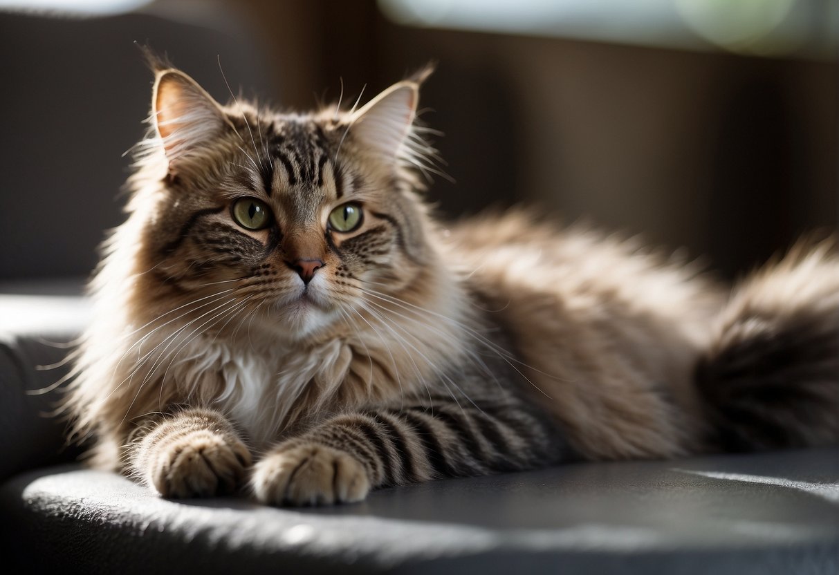 A fluffy, relaxed cat lounges on a soft surface, appearing limp and floppy. Its eyes are gentle and its fur is long and silky