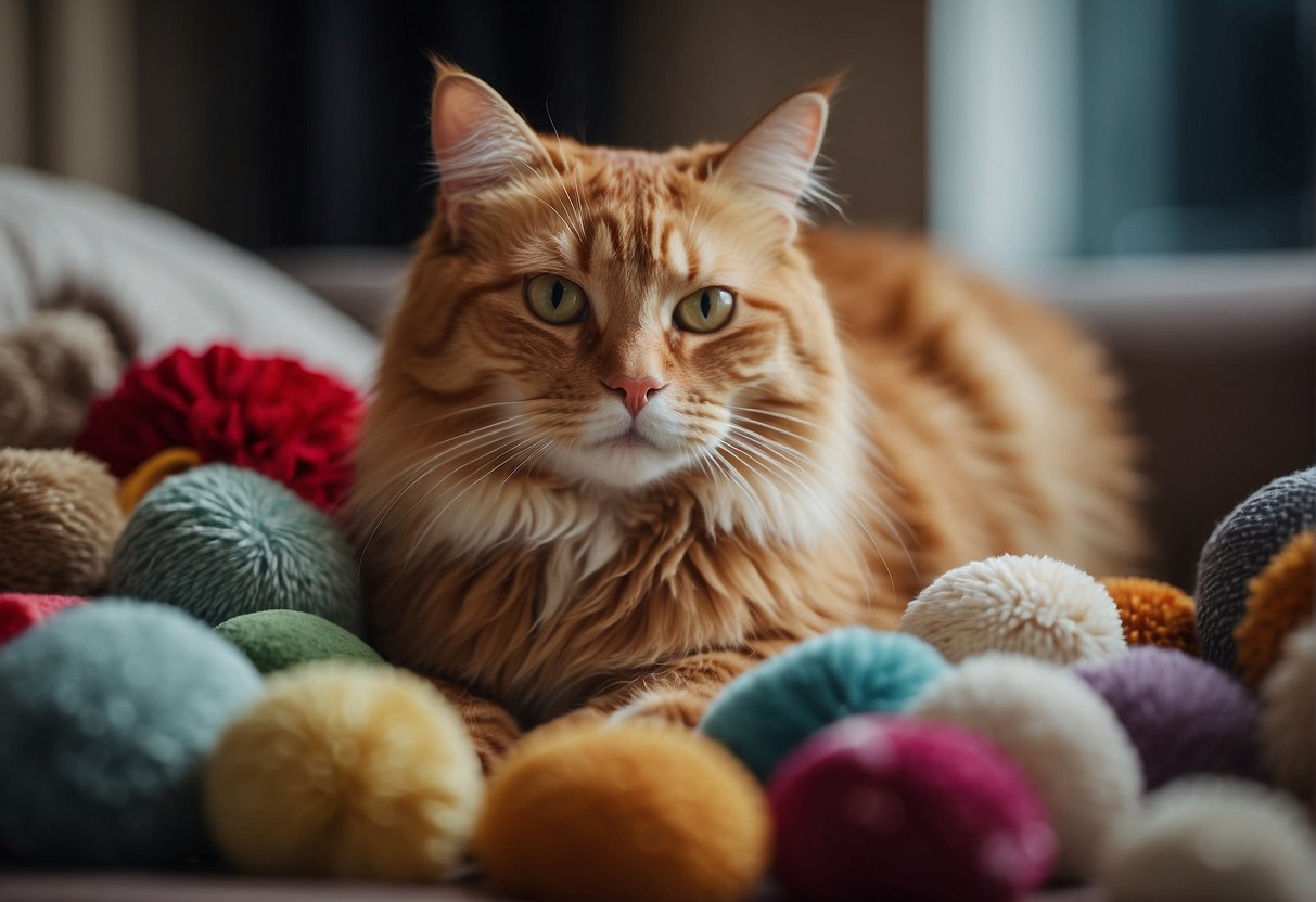 A regal-looking cat with a relaxed and floppy posture, surrounded by soft fabrics and toys, reflecting its gentle and affectionate nature