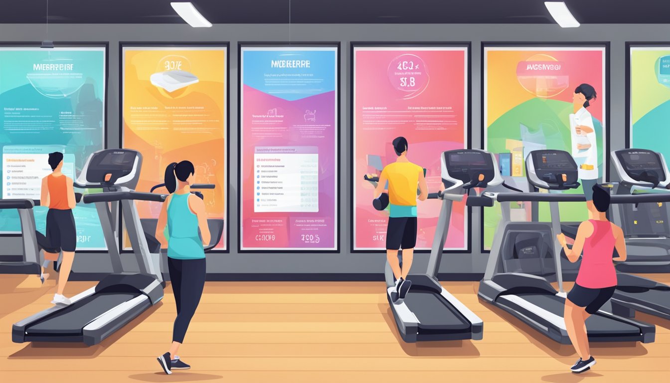 People comparing gym membership offers in Singapore. Signs, brochures, and price lists displayed. Bright, modern gym equipment in the background