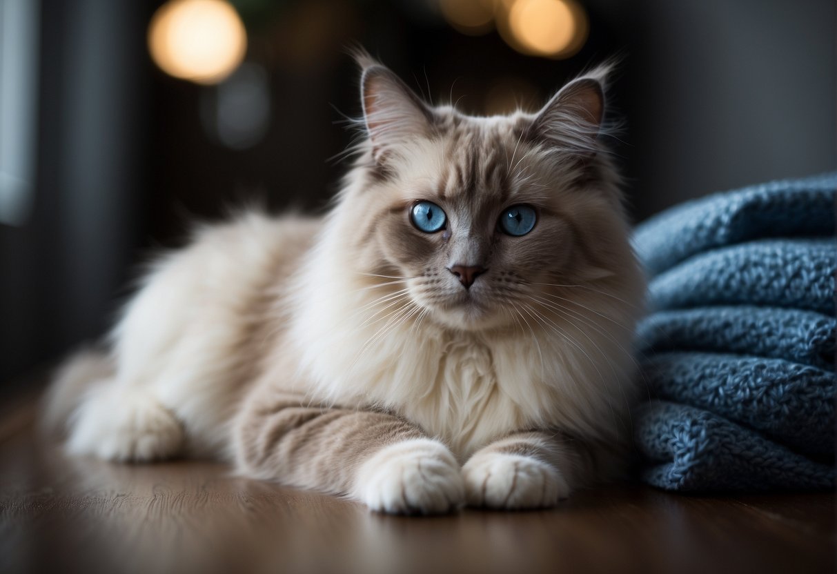 A fluffy ragdoll cat sits gracefully, its blue eyes gazing serenely. Text reading "Frequently Asked Questions: why are ragdoll cats called ragdolls" hovers above
