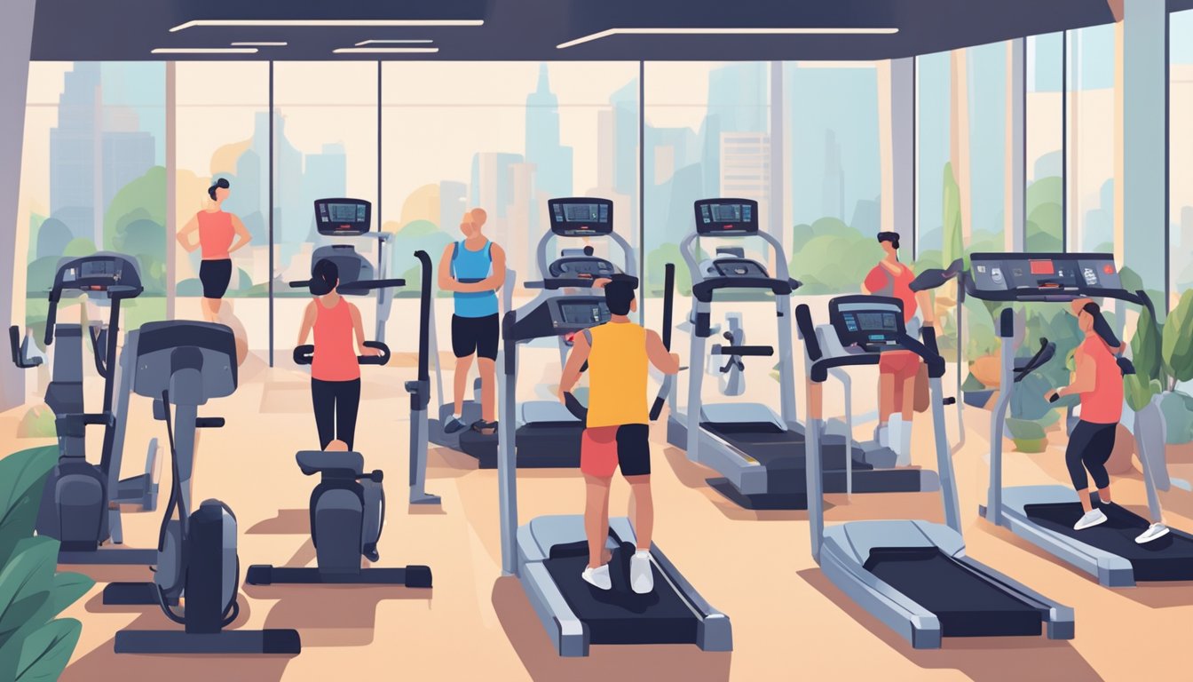 People are testing gym equipment and facilities. They are trying out different machines, weights, and cardio equipment. The gym is spacious and well-lit, with a variety of workout options available