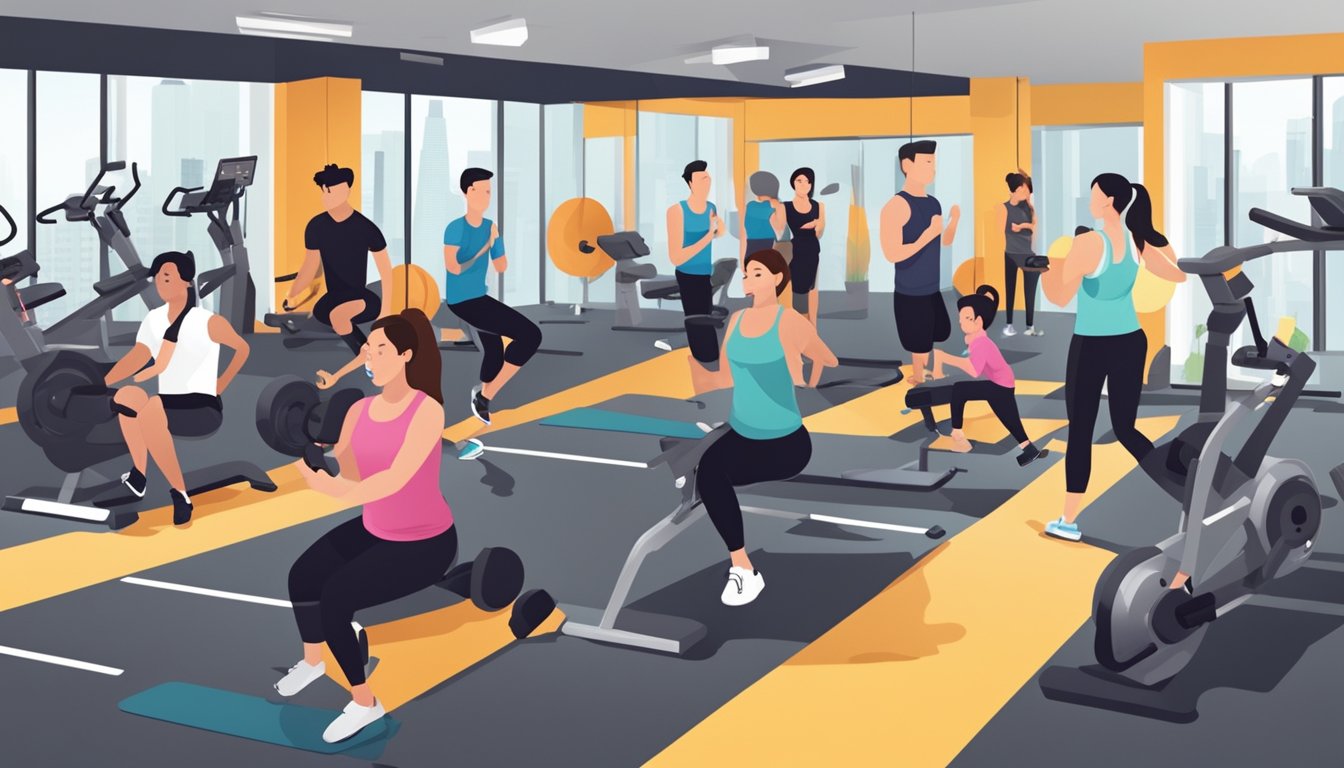 A diverse group of people engage in personalized fitness programs at a modern gym in Singapore. The gym offers tailored fitness programs and memberships for all