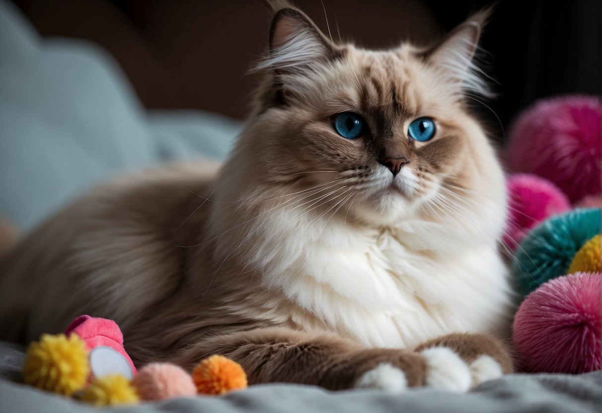 A fluffy ragdoll cat lounges on a plush bed, surrounded by toys and grooming supplies. Its luxurious fur is being brushed by a gentle hand