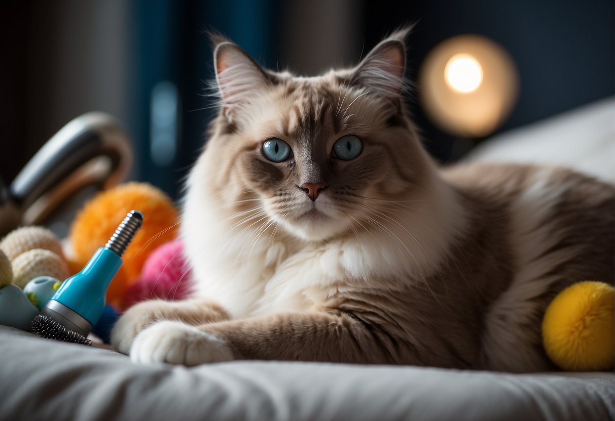 A ragdoll cat lounges lazily on a plush bed, surrounded by grooming tools and toys. Its serene expression suggests low maintenance