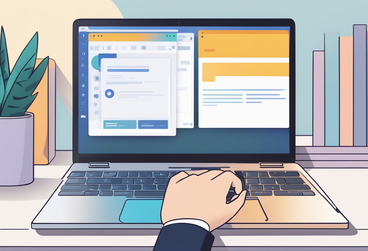 A laptop on a desk, with a Windows 11 interface displayed on the screen. A person's hand is pressing the ESC key, which is unresponsive