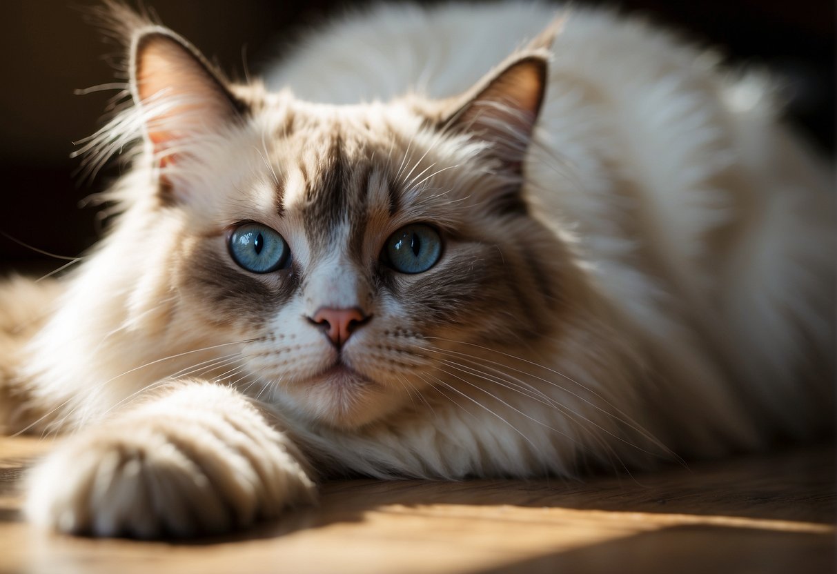 A serene Ragdoll cat lounges in a sunlit room, its long, fluffy fur cascading over the floor as it gazes calmly at the viewer