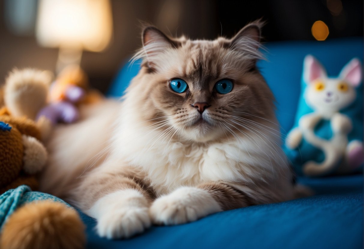 A fluffy Ragdoll cat lounges on a plush bed, surrounded by toys and grooming supplies. A serene expression and bright blue eyes convey contentment and health