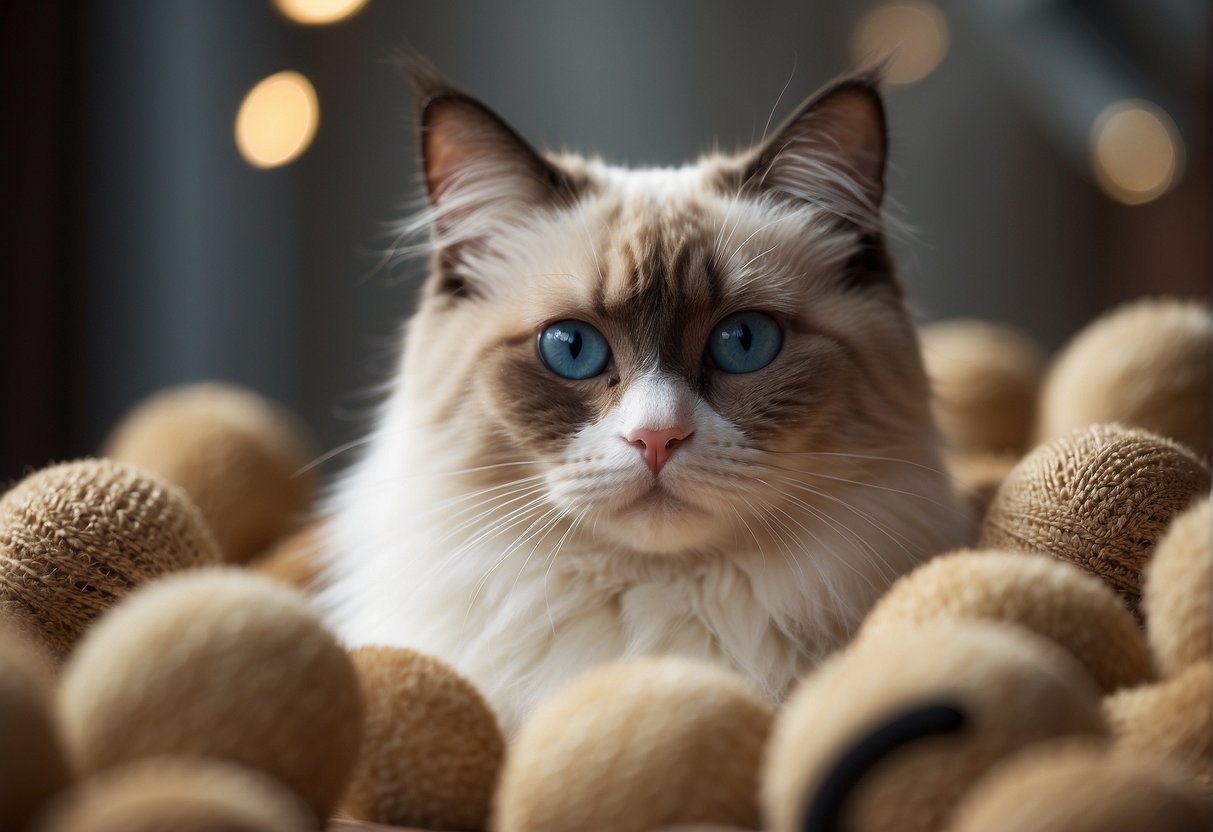 A curious ragdoll cat surrounded by question marks, emphasizing the rarity of the breed