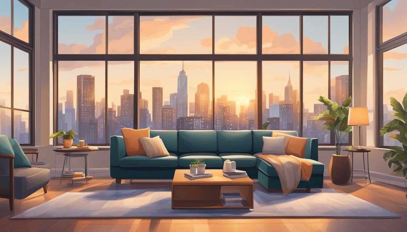 A cozy living room with a modern sofa, coffee table, and large windows overlooking a city skyline. A family photo hangs on the wall, and a fire extinguisher is visible in the corner