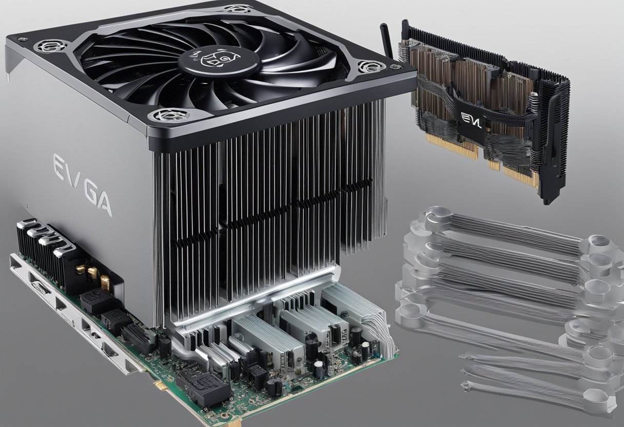 The EVGA ACX CPU cooler sits atop a sleek, black motherboard, with its dual fans spinning quietly. The heat pipes and fin array are meticulously designed for maximum cooling efficiency