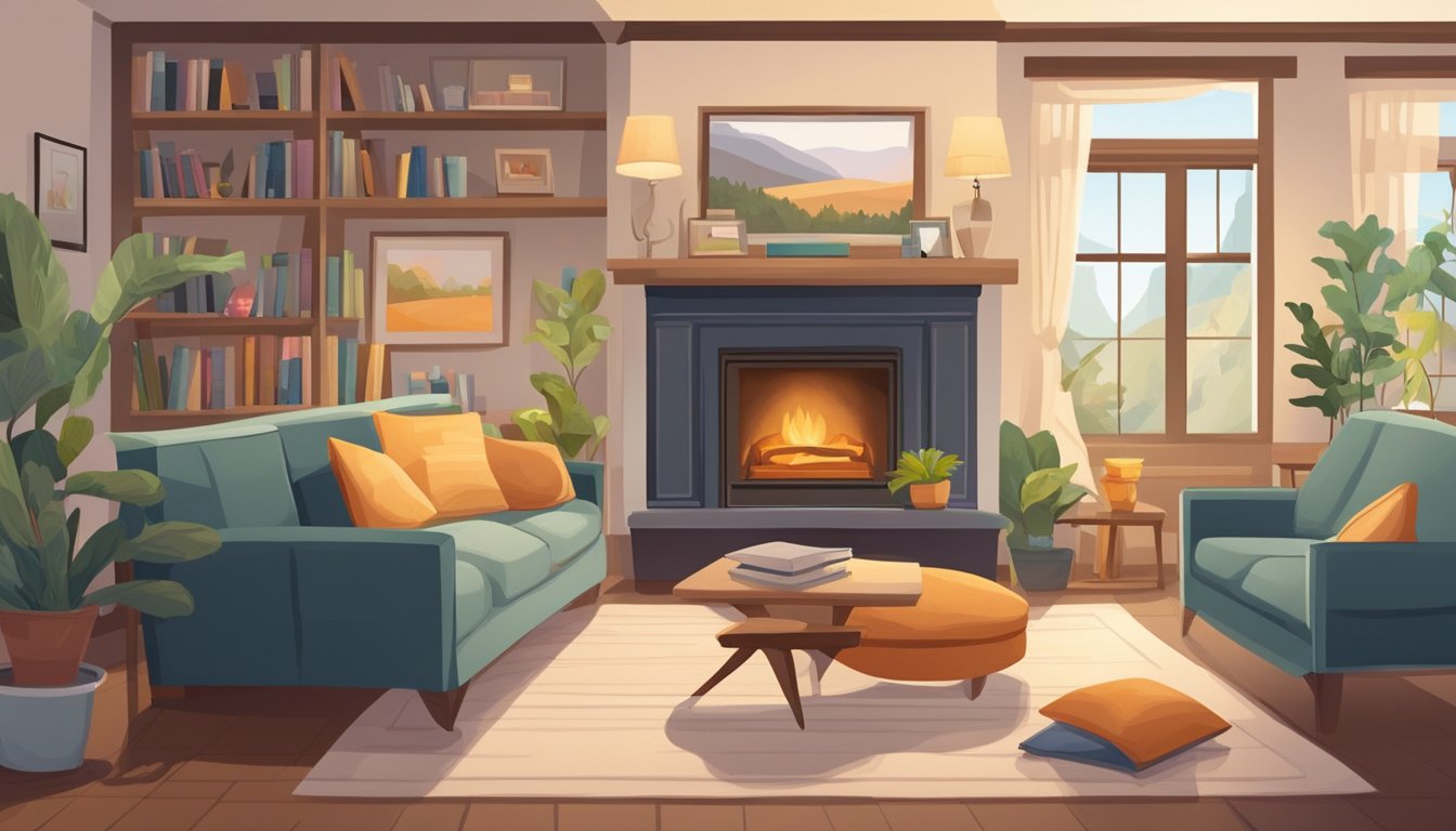 A cozy living room with a fireplace, bookshelves, and a comfortable sofa. A family photo hangs on the wall, and a pet bed sits in the corner