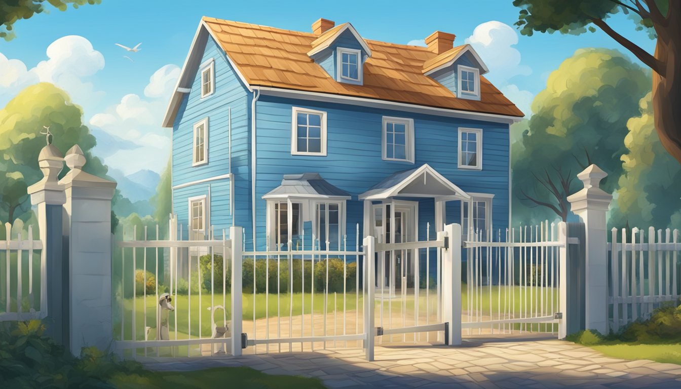 A sturdy house surrounded by a secure fence, with a reliable security system and a watchful guard dog, all under the protection of a clear blue sky