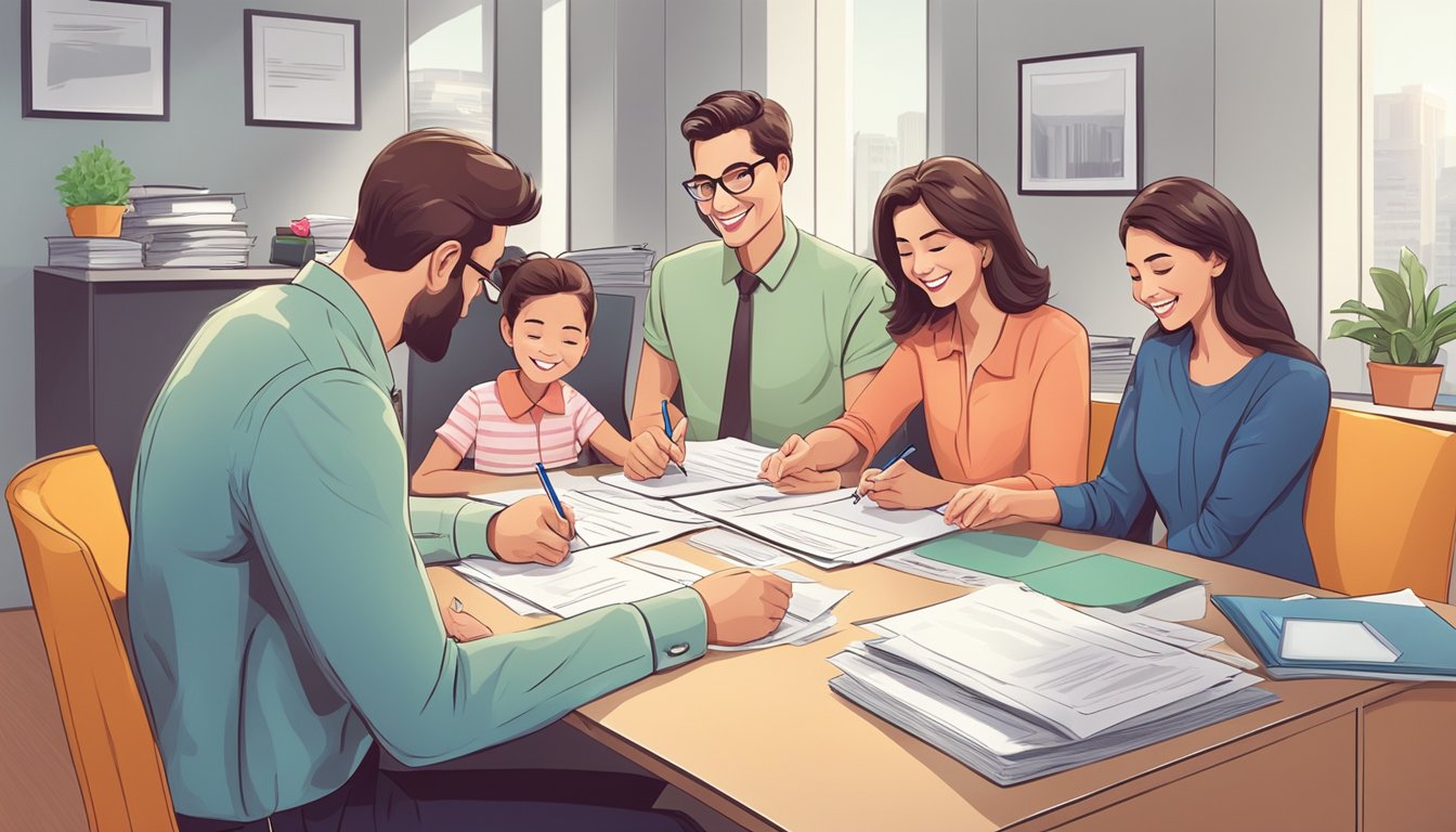 A family happily signs housing loan documents in a bank office