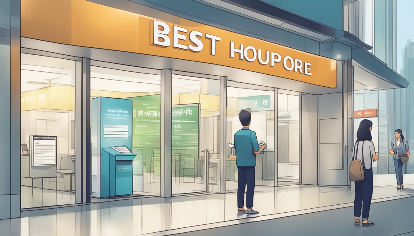 A person filling out paperwork at a bank, with a sign advertising "Best Housing Loan in Singapore" on the wall