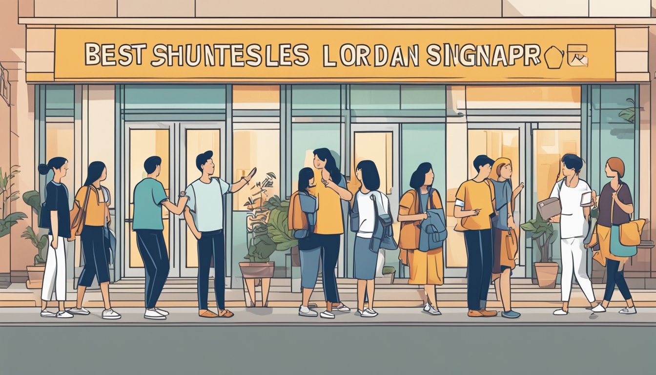 A person pointing to a sign that reads "Frequently Asked Questions: Best Housing Loan Singapore" with a group of people waiting in line behind them