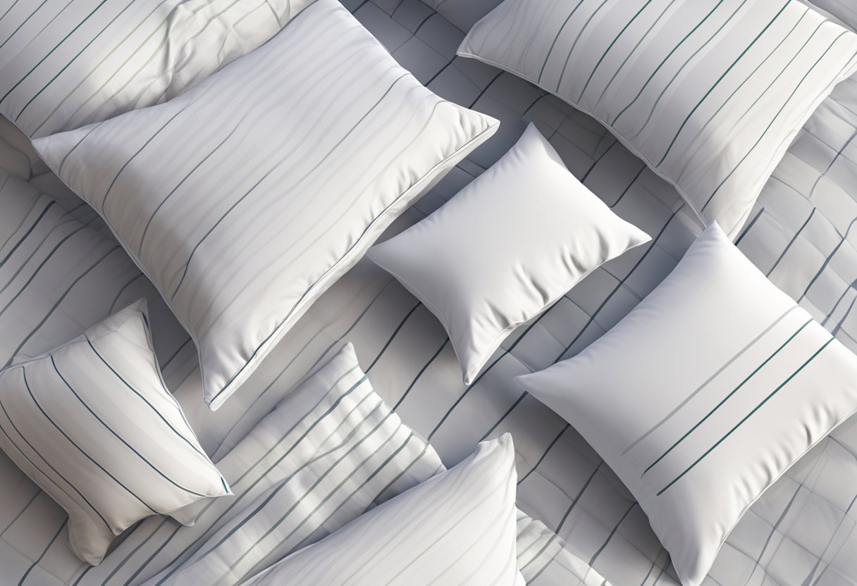 Four pillows arranged in a row, each with a different level of firmness and thickness, on a bed with crisp white sheets and a patterned pillowcase