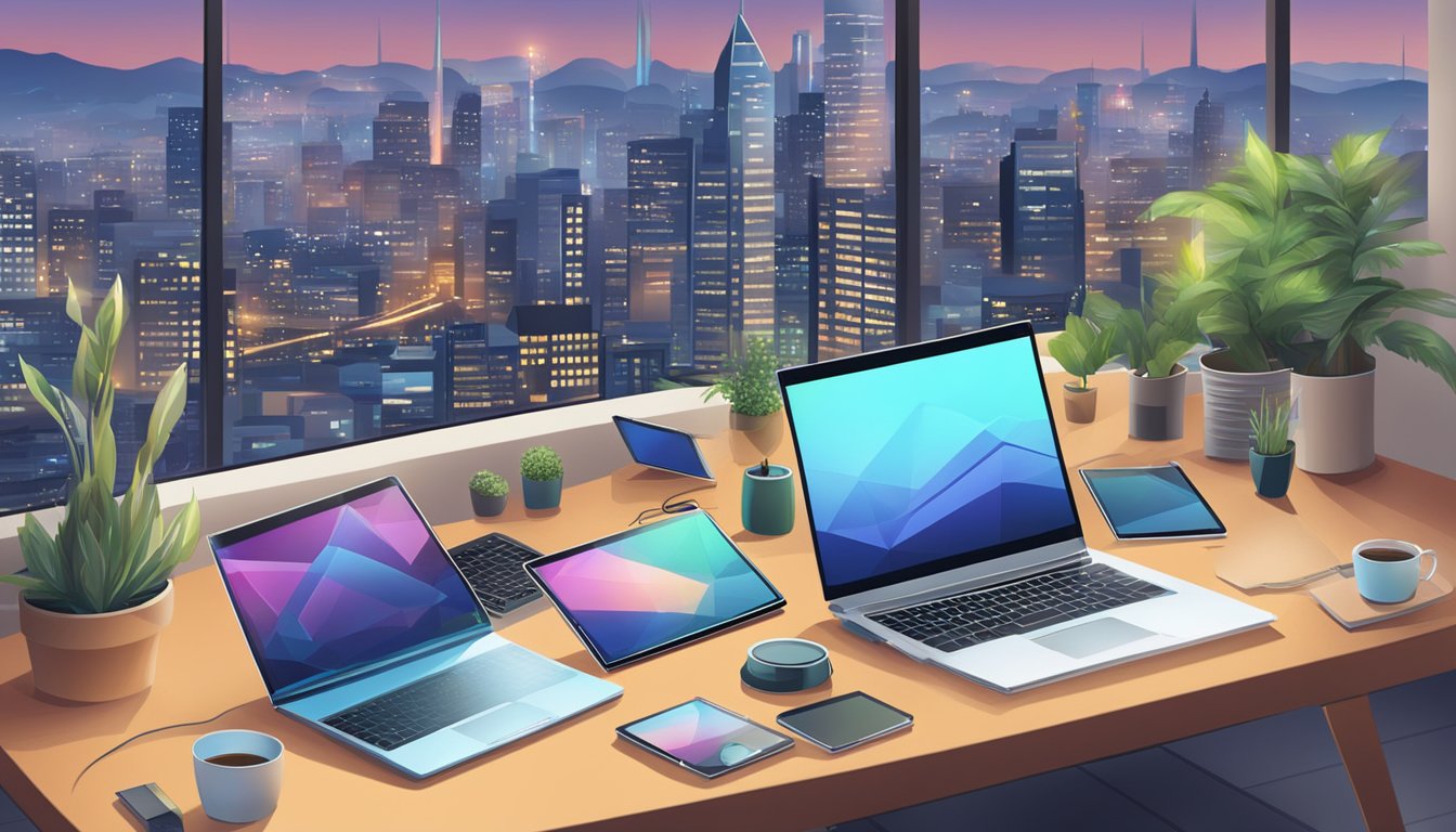 A laptop with high-speed internet displayed on a table, surrounded by various electronic devices and a cityscape in the background