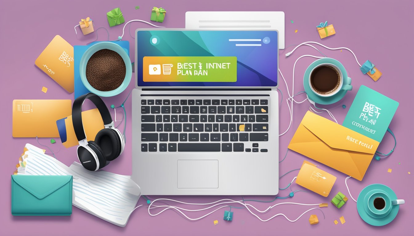 A laptop surrounded by freebies like headphones, a coffee mug, and a gift card, with a "best internet plan" banner in the background