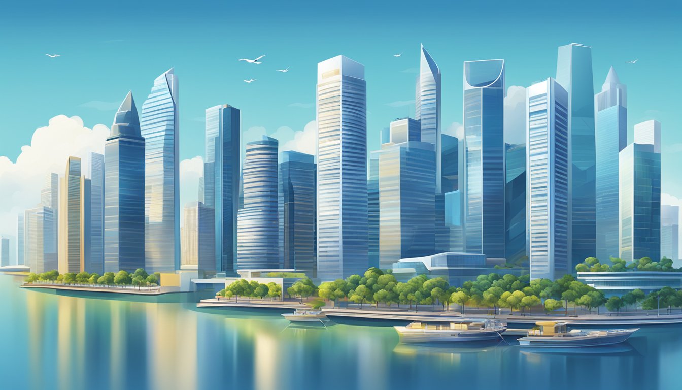 A modern city skyline with high-rise buildings and clear blue skies, showcasing the best internet provider in Singapore
