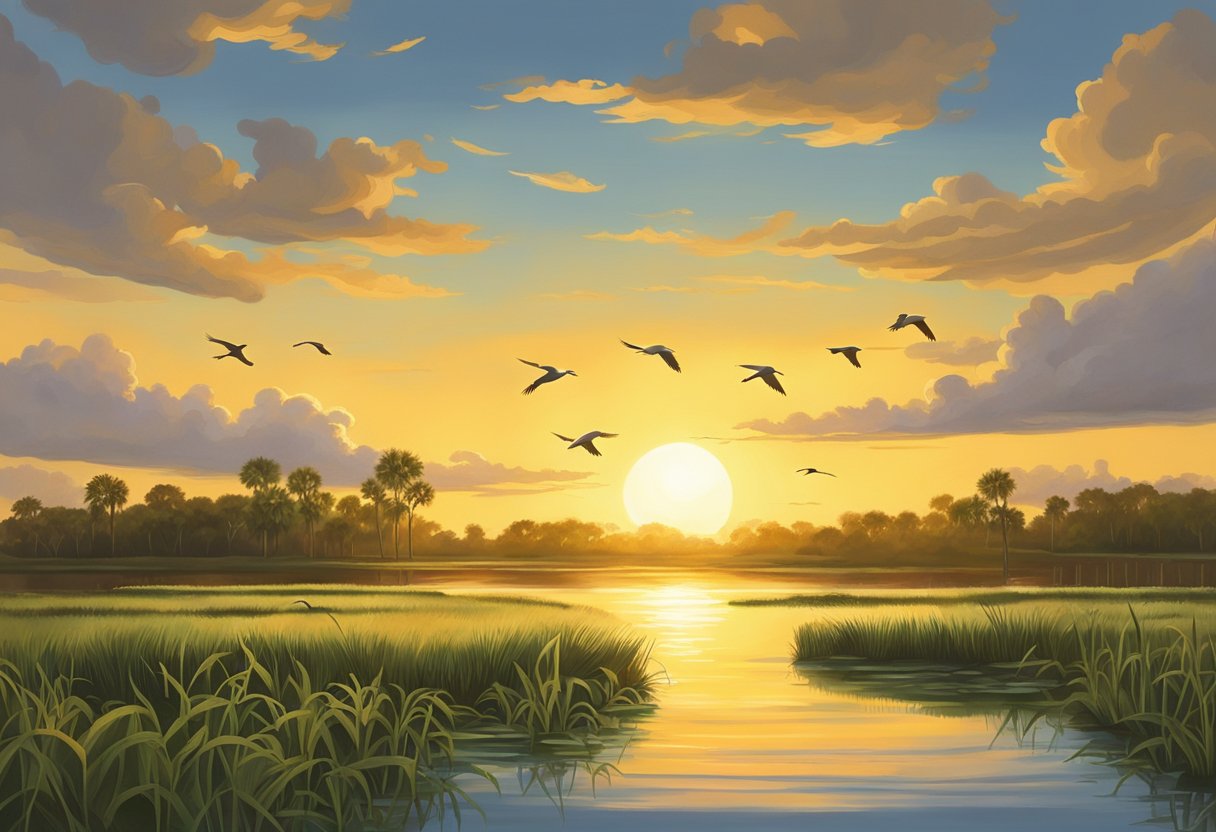The sun sets over Sarasota Celery Fields, casting a golden glow on the wetlands. Birds flock to the water, creating ripples as they land. A sense of tranquility and natural beauty permeates the scene