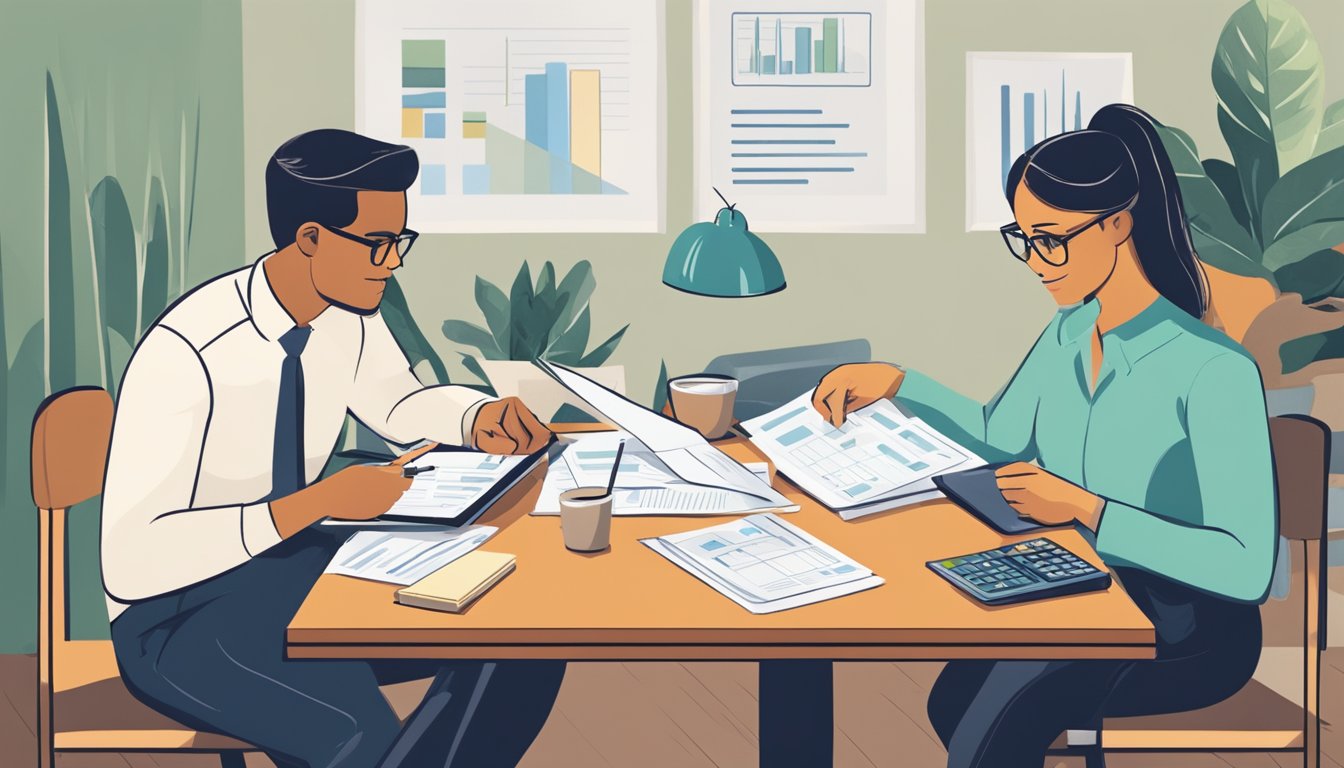 A couple sits at a table, reviewing financial documents and discussing their joint expenses. A calculator and notepad are scattered across the table, showing their efforts to manage their joint finances effectively
