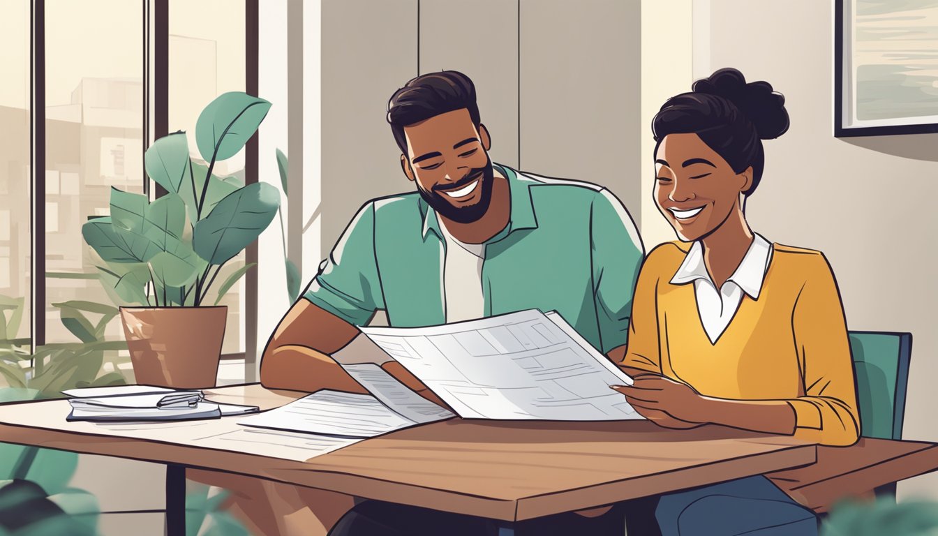 A couple sits at a table, reviewing financial documents. They smile as they discuss the benefits of their joint account
