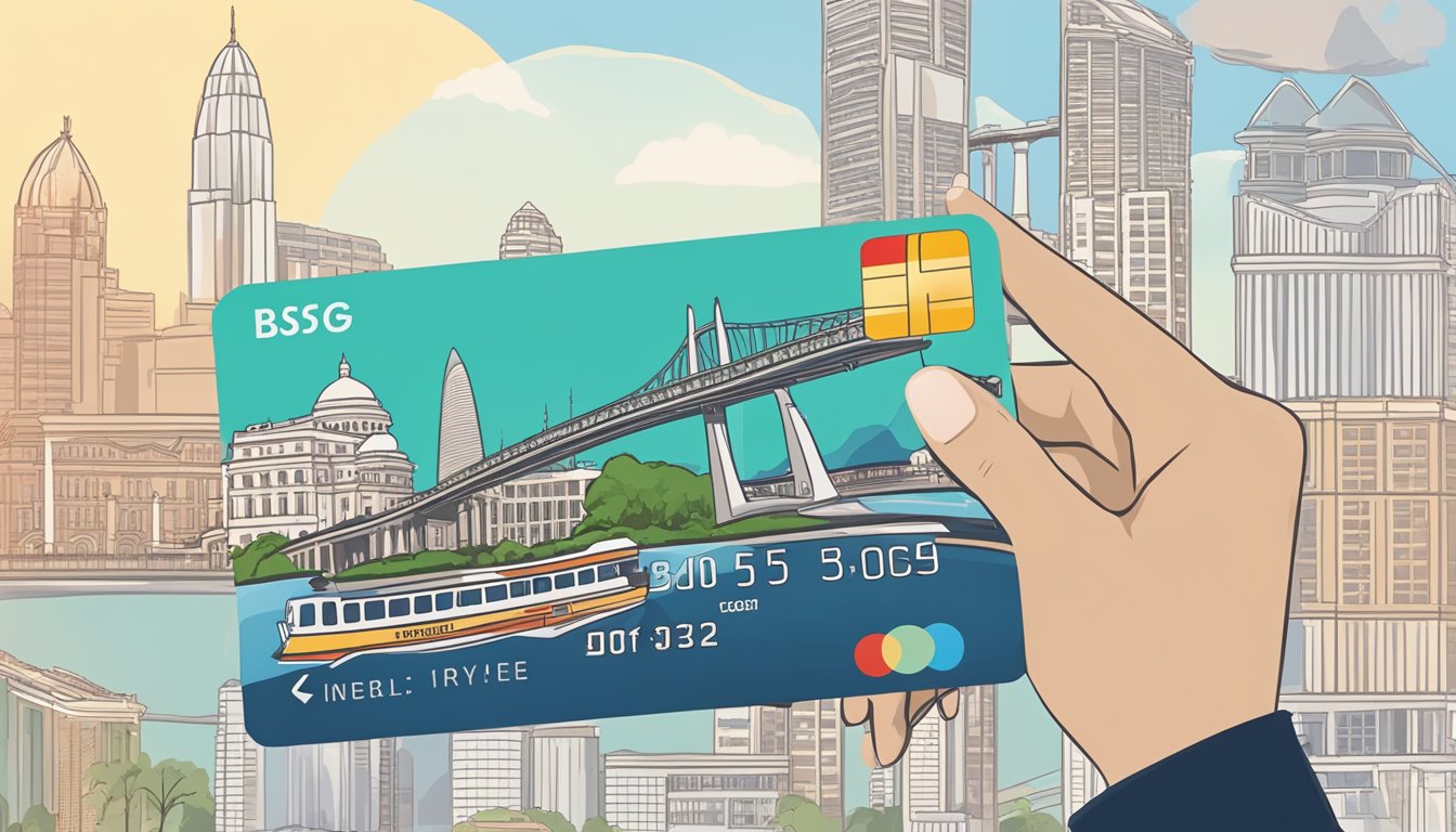A hand holding a KrisFlyer credit card with iconic Singapore landmarks in the background