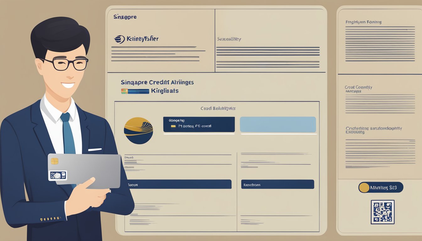 A person holding a Singapore Airlines KrisFlyer credit card, with a checklist of eligibility criteria in the background