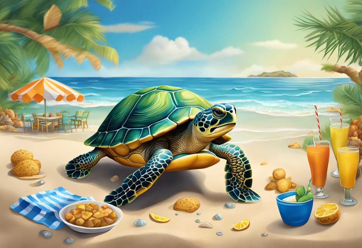 A turtle on a sandy beach surrounded by food and beverage items