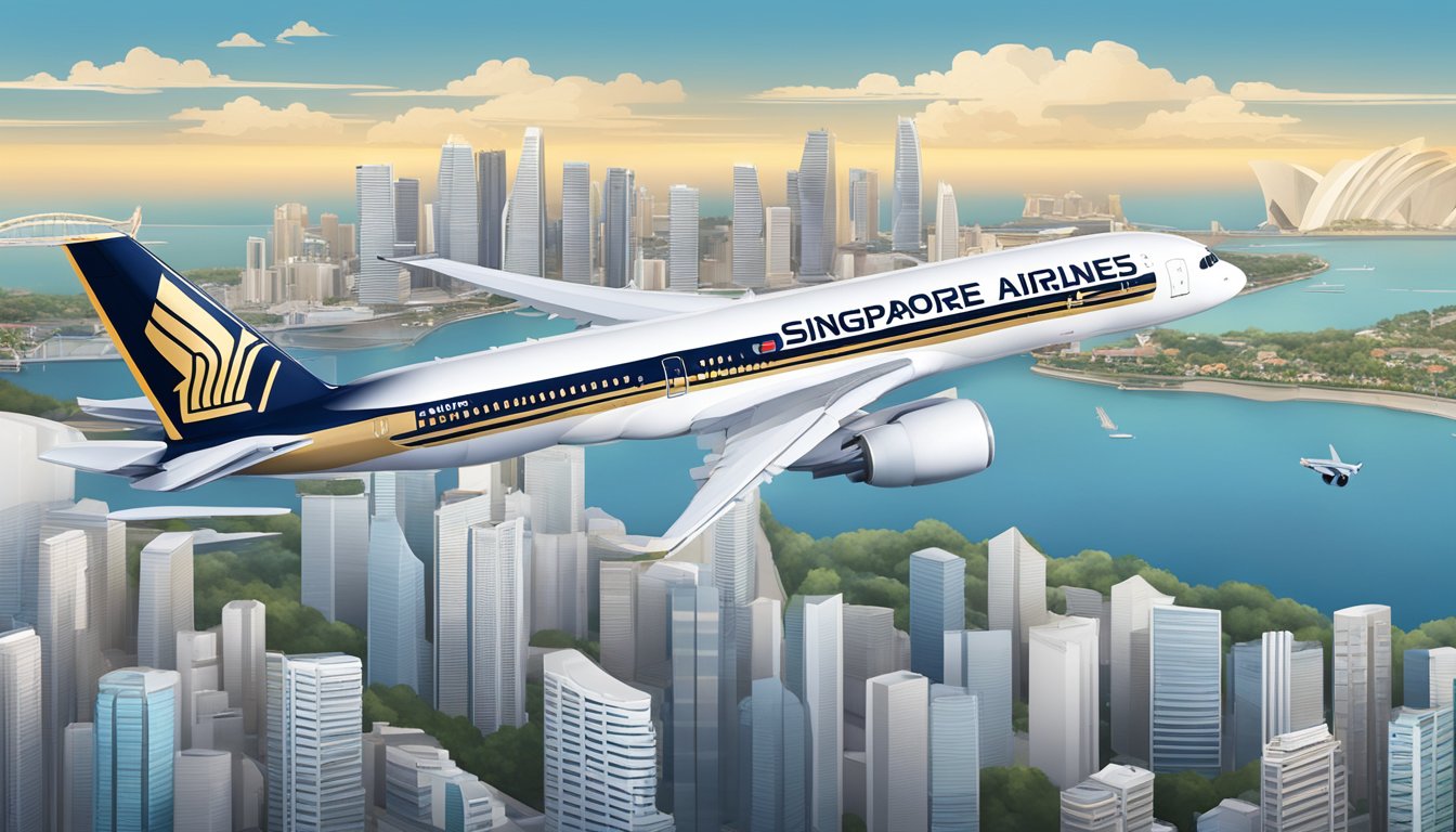 A Singapore Airlines plane flying over the iconic skyline of Singapore, with the KrisFlyer logo prominently displayed on the aircraft