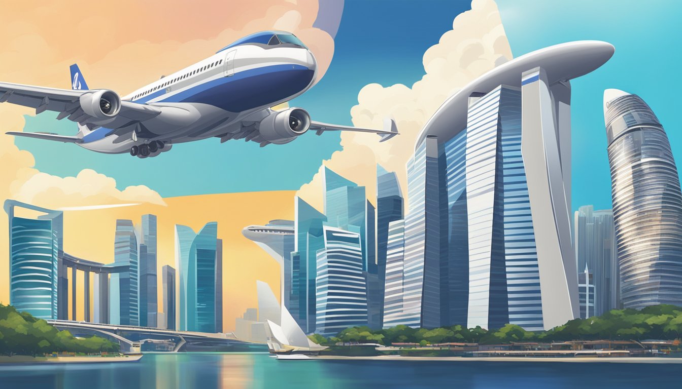 A plane flying over iconic Singapore landmarks with a KrisFlyer logo prominently displayed in the sky. The skyline of the city is visible in the background