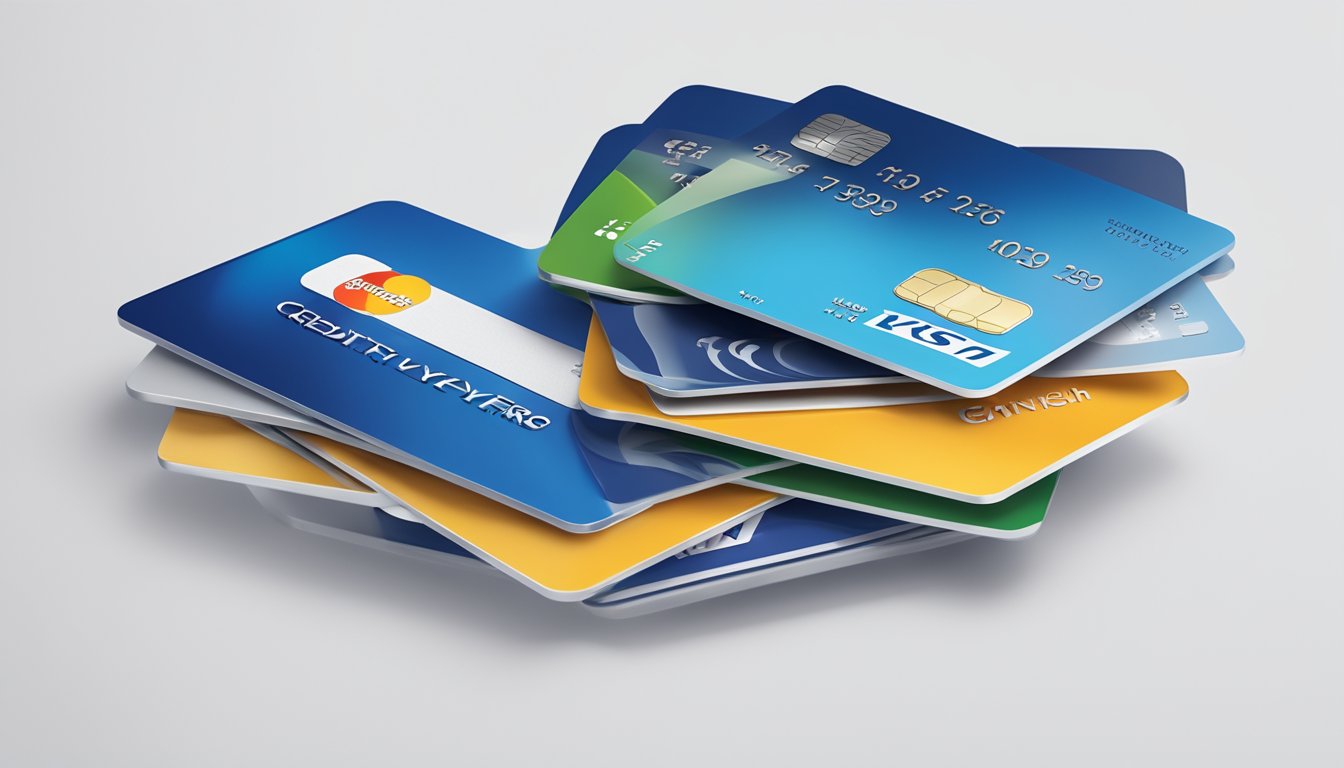A stack of credit cards with the KrisFlyer logo arranged in a neat row on a clean, white surface
