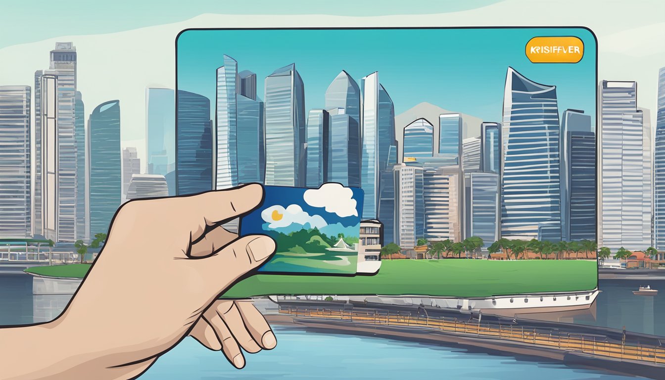 A hand holding a krisflyer miles card with Singapore skyline in the background